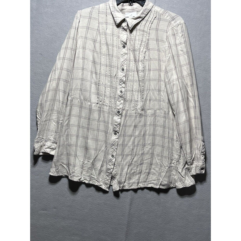 J. Jill women’s button-front blouse in soft neutral cream and gray plaid pattern